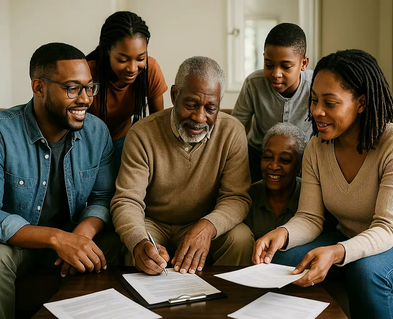A Black family of three generations gathered around a coffee table as the grandfather signs planning documents